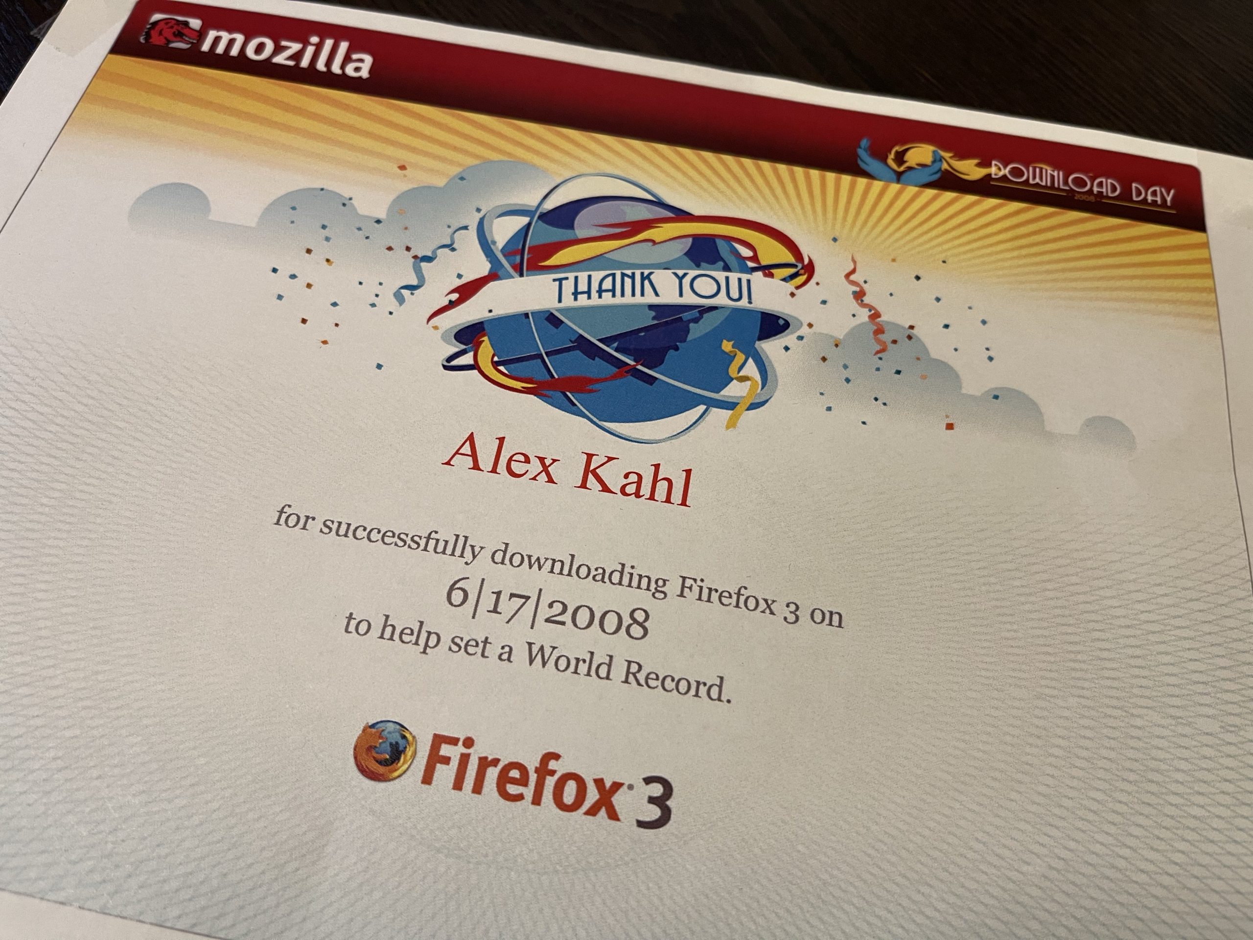Aufräumfund: Urkunde zum Download von Mozilla Firefox 3 :-)